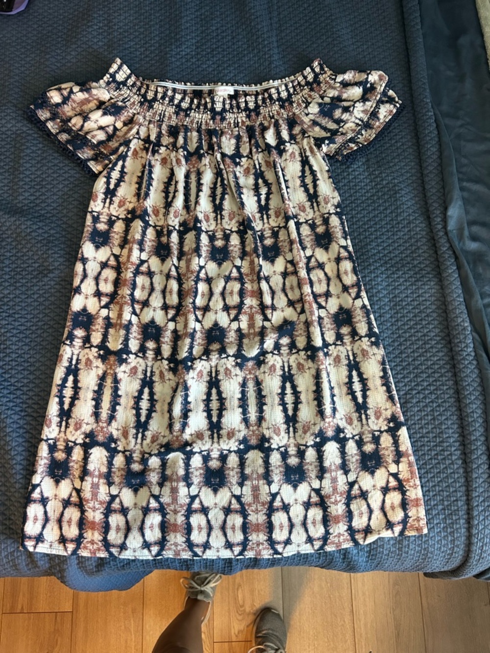 Xhilaration Navy and Cream Tie-Dye Off-Shoulder Girls Dress